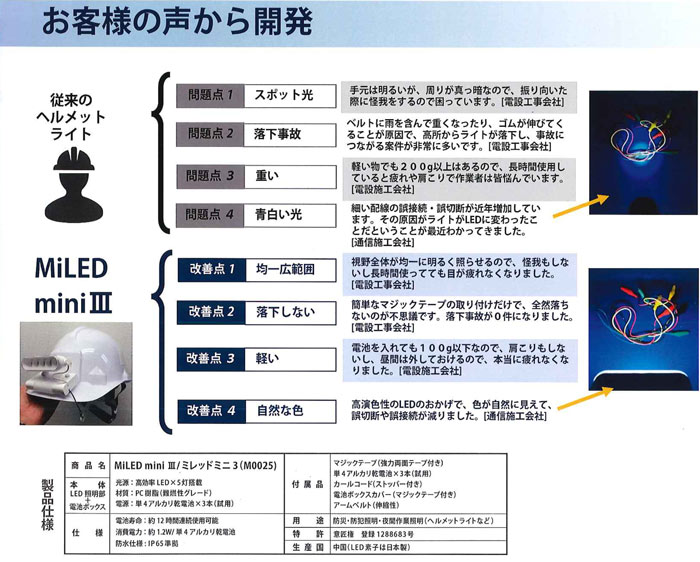 お客様の声からの改善点。均一広範囲照射。落下の低減。軽量化。自然な色合い。